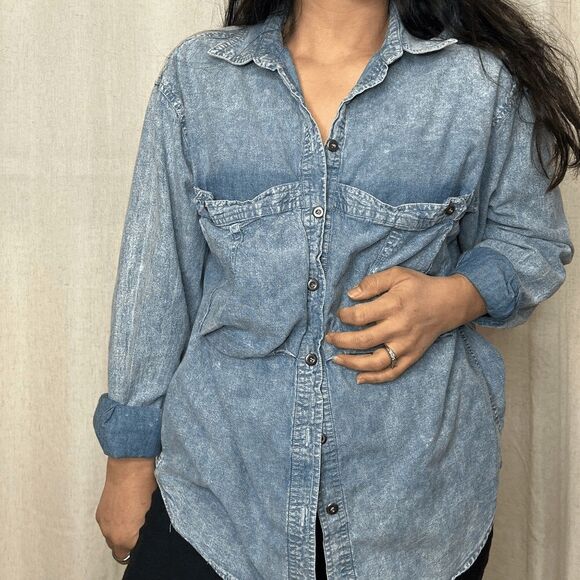 vtg 80s Courtney Rhodes cotton blouse acid wash look button up retro medium - Picture 4 of 9